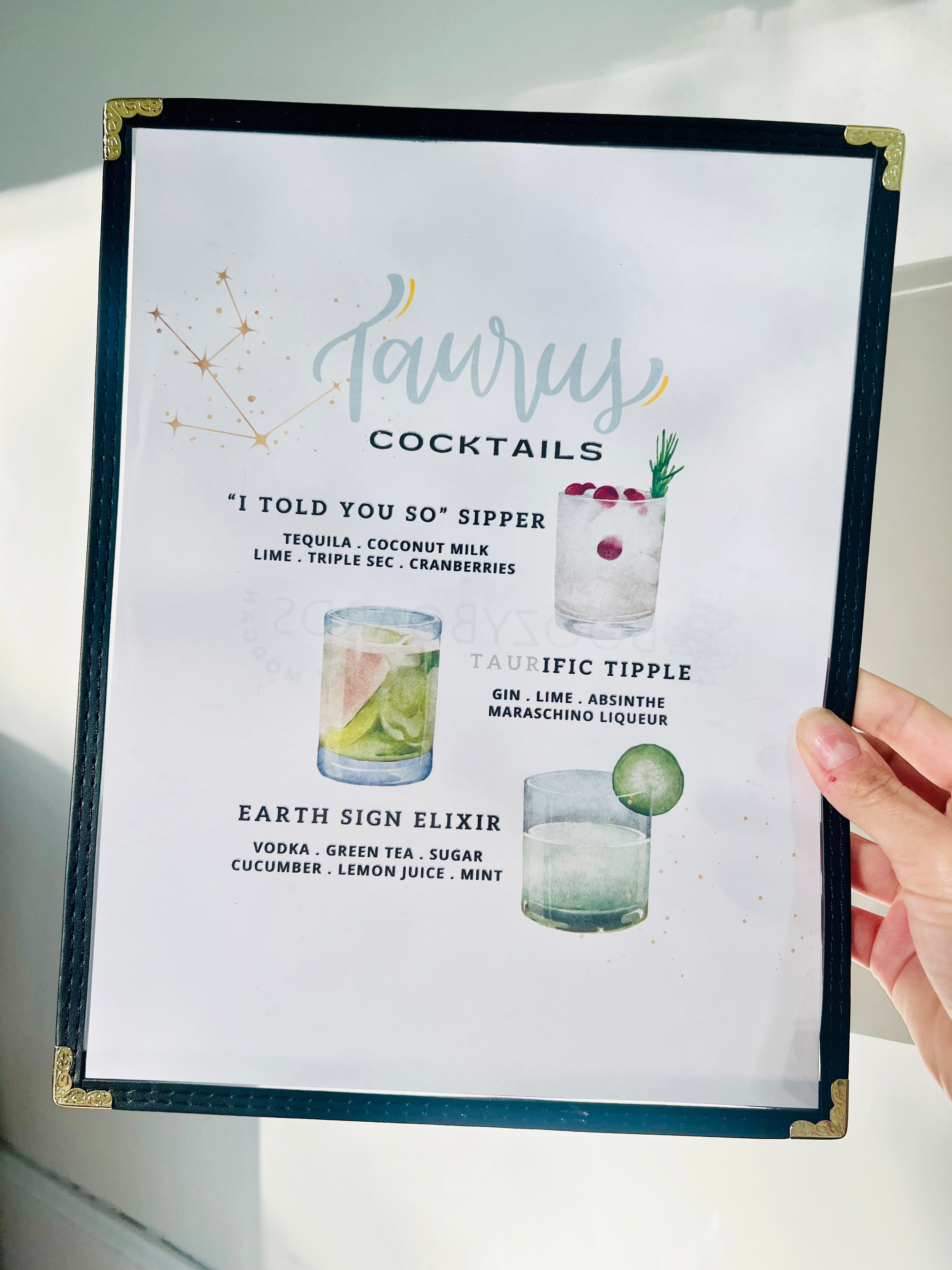Taurus Menu Zodiacs | Taurus Cocktails Restaurant Menu Print – Boozy Boards by Morgan