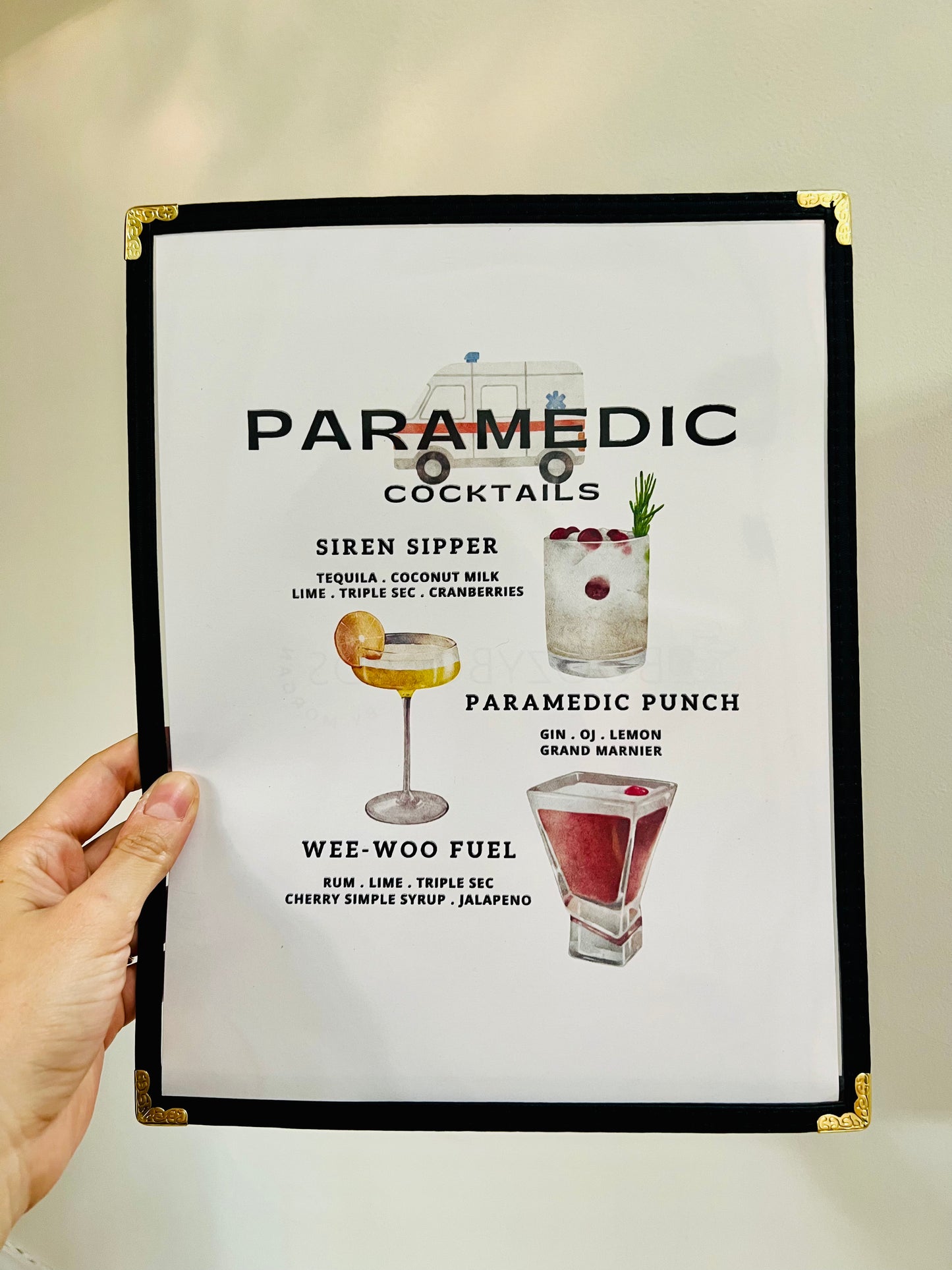 Paramedic Cocktails Restaurant Menu Print