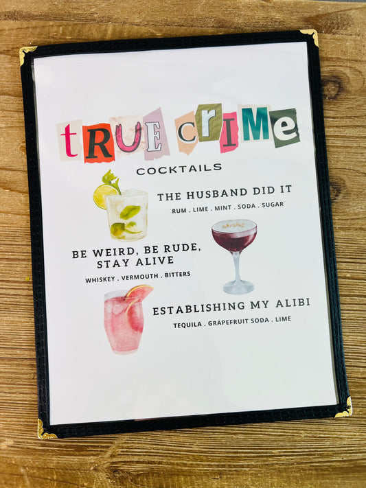 True Crime Cocktails Restaurant Menu Print