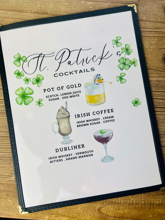 St. Patrick's Day Cocktails Restaurant Menu Print