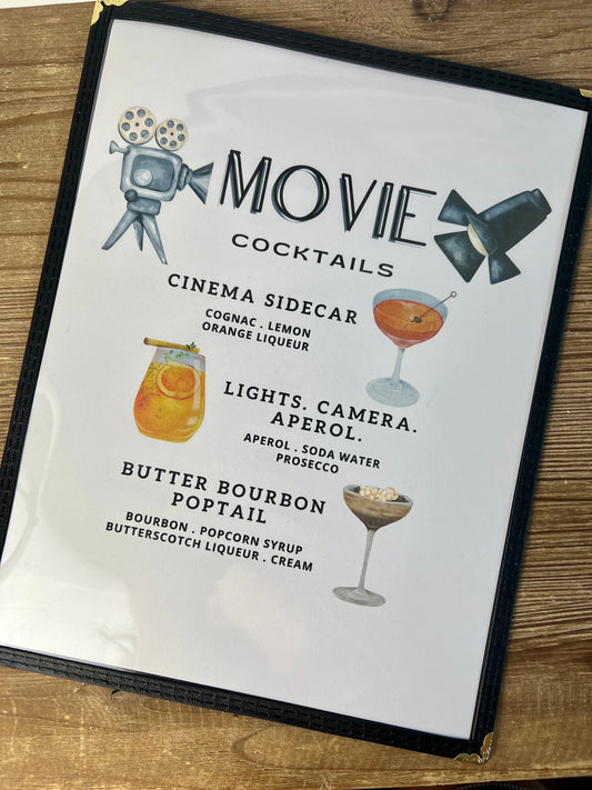 Movie Lover Cocktails Restaurant Menu Print