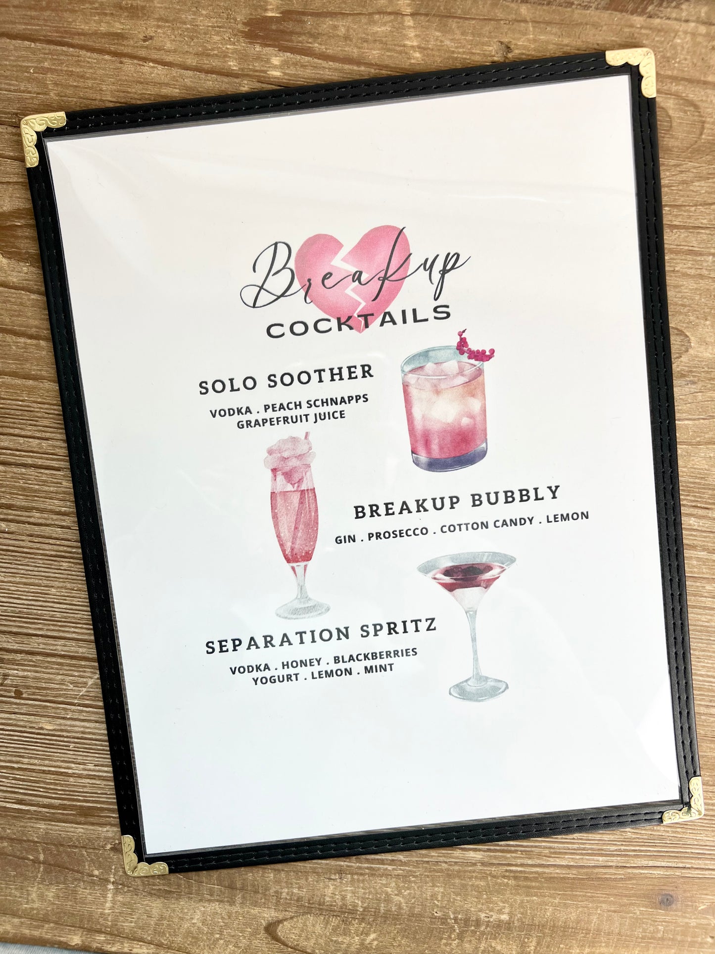 Break Up/Divorce Cocktails Restaurant Menu Print